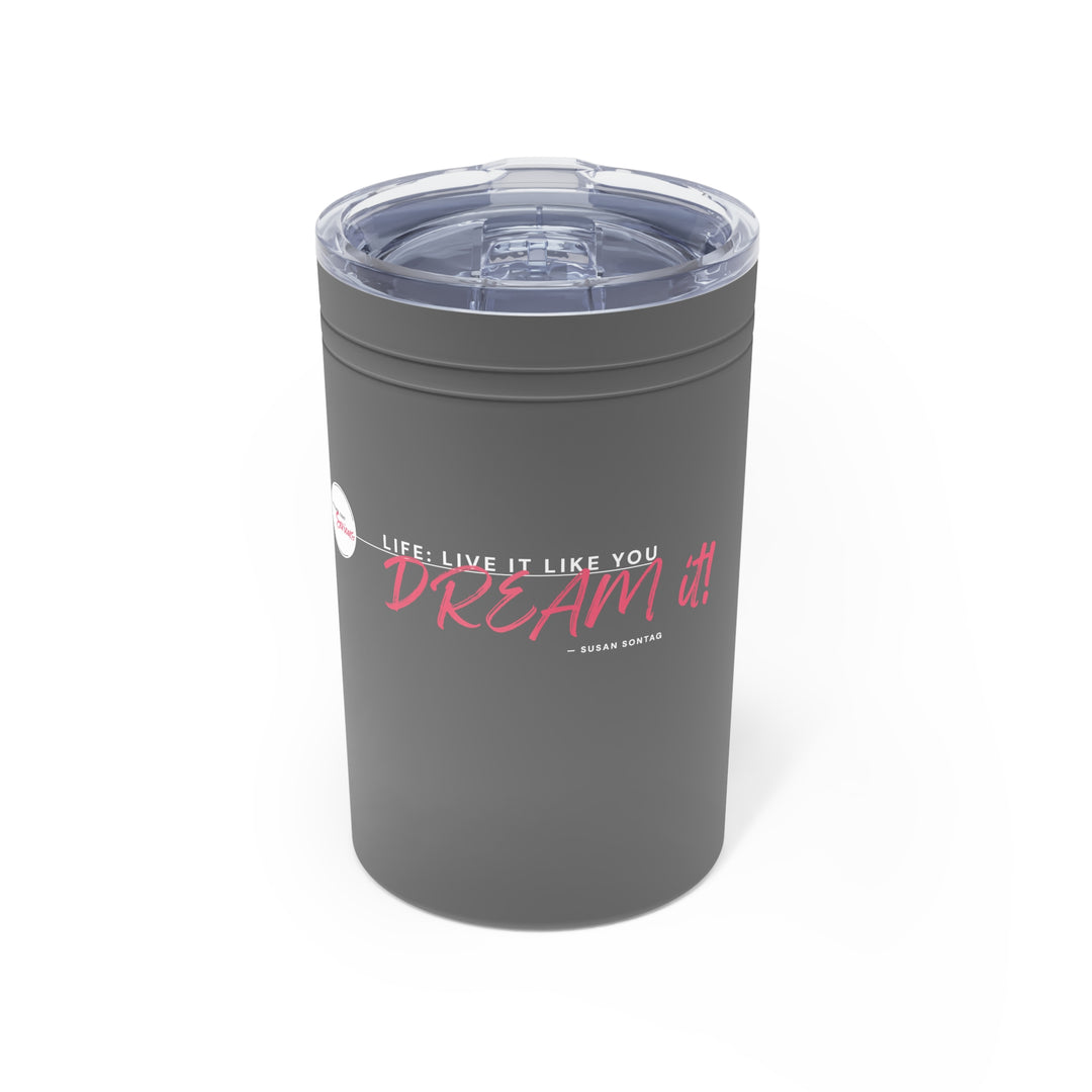 Gray tumbler with motivational quote on a white background