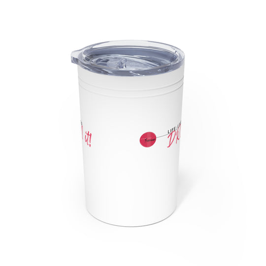 White tumbler with red text on a white background