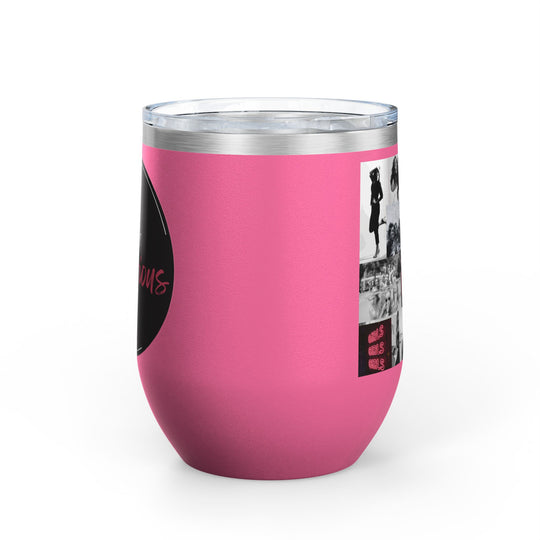 Hot pink tumbler with women's empowerment label on white background
