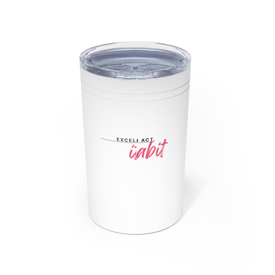 White tumbler with 'EXCELLACT iabit' text on a white background