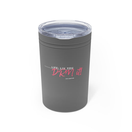 Gray tumbler with motivational quote on a white background
