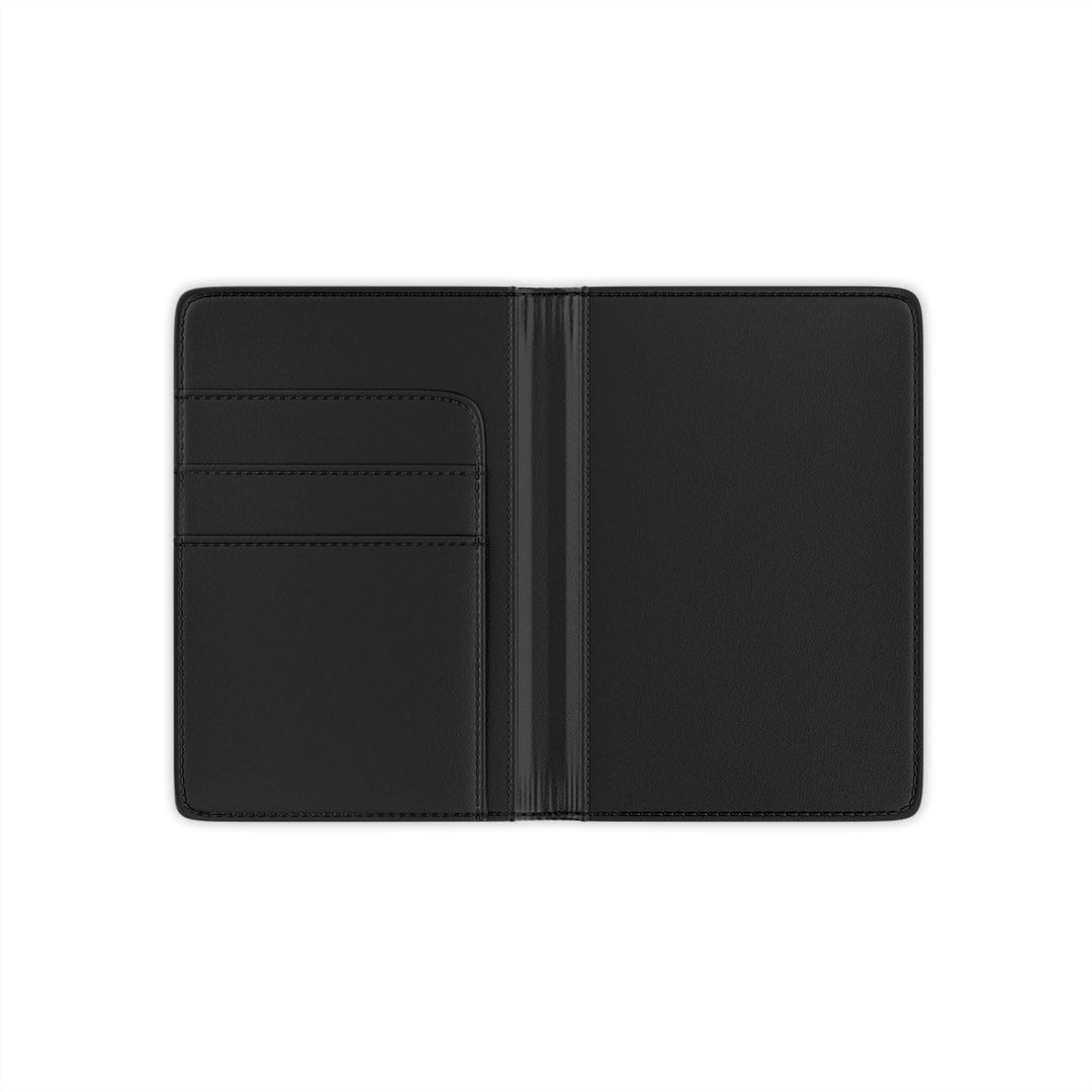 Black leather passport holder on a white background