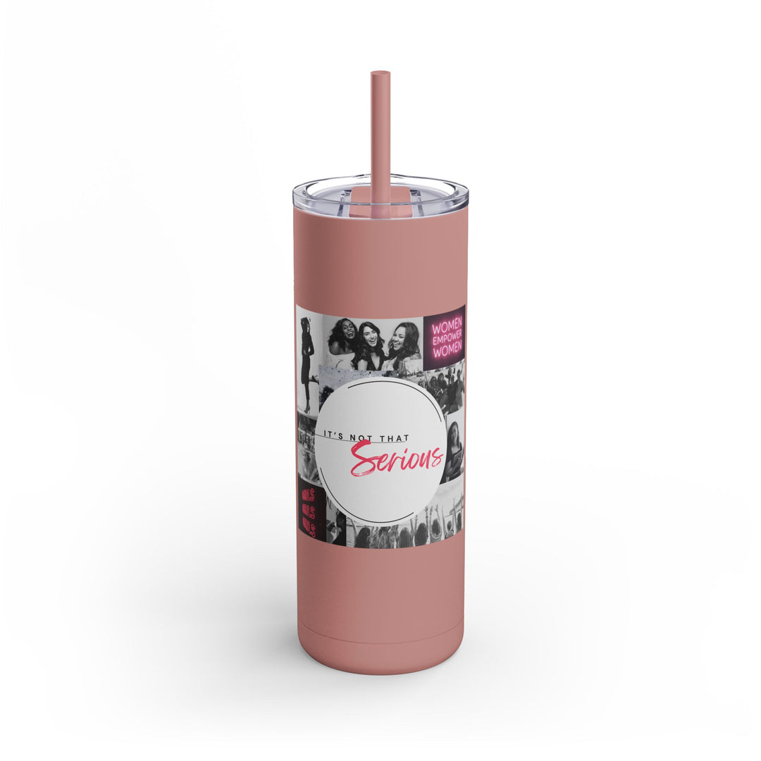 Pink tumbler with a label featuring text and images on a white background