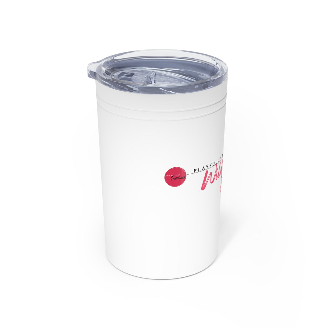 White tumbler with a pink logo on a white background