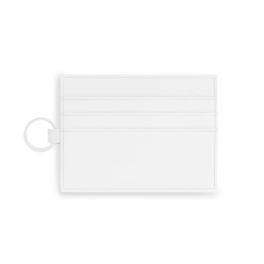 A white faux leather card holder with a red text design on one side, accompanied by a metal keyring.