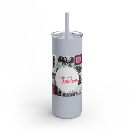 Gray tumbler with a printed label on a white background