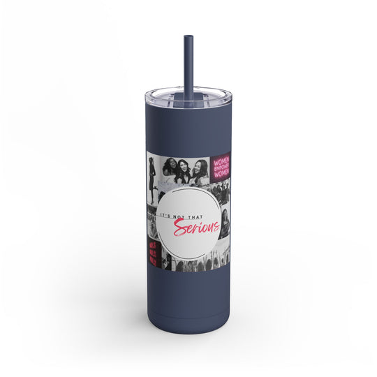 Navy blue tumbler with a label featuring text and images on a white background