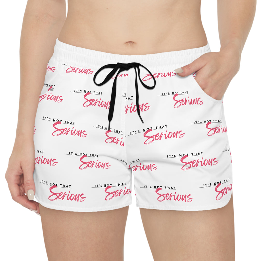 Women's casual shorts with a white base and red text pattern, featuring an adjustable drawstring waist.