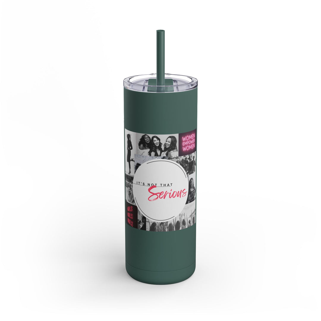 Green tumbler with a printed label on a white background
