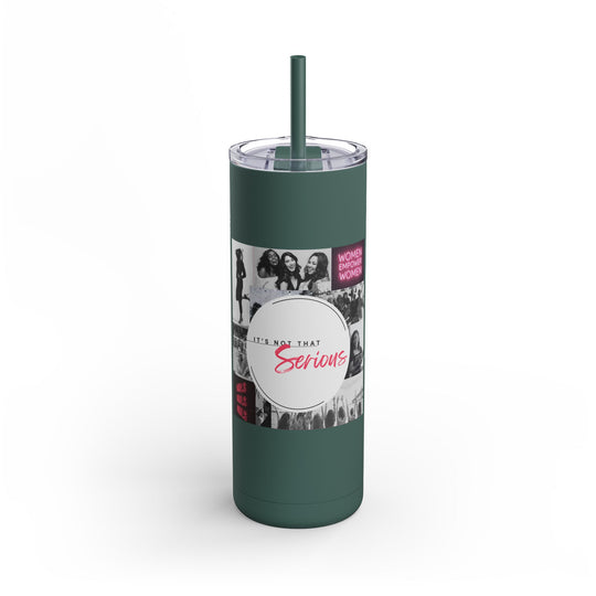 Green tumbler with a printed label on a white background