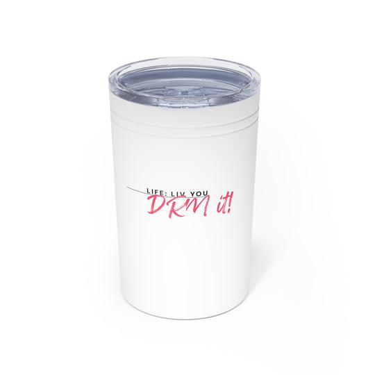 White tumbler with text on a white background