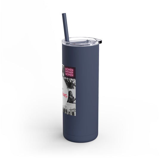 Navy blue tumbler with a graphic design on a white background
