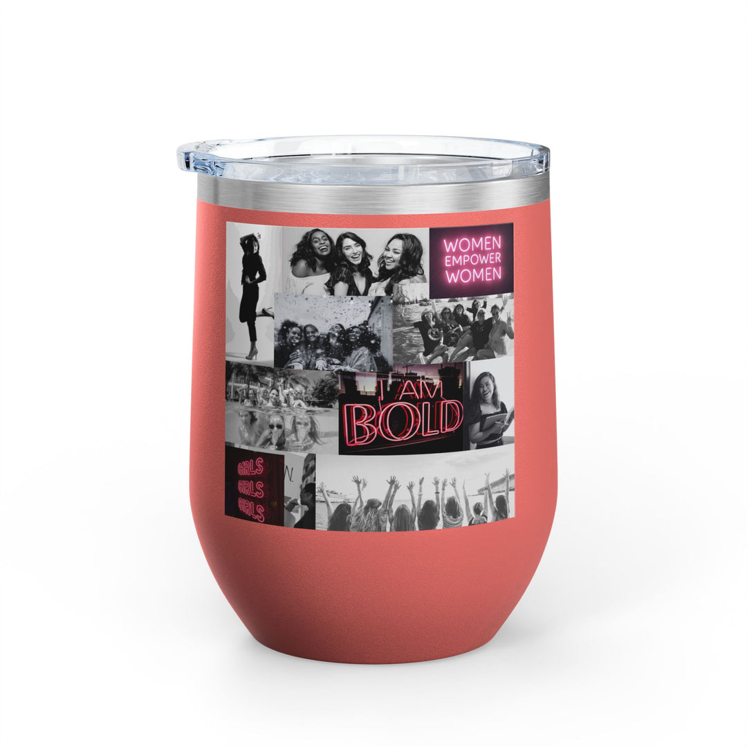 Pink tumbler with women empowerment design on a white background