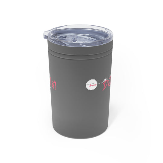 Gray tumbler with a clear lid on a white background