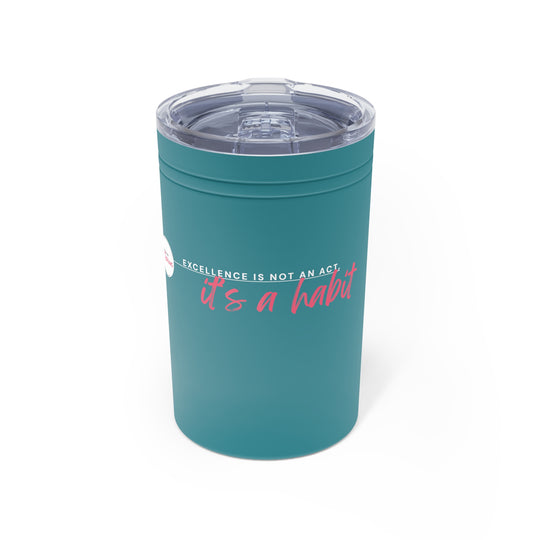 Teal tumbler with motivational quote on a white background