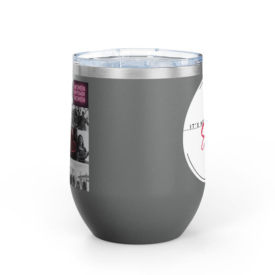 Grey tumbler with women's empowerment label on white background