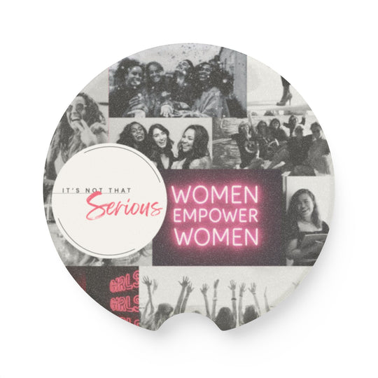 Round product with black and white images of women and pink text on a white background