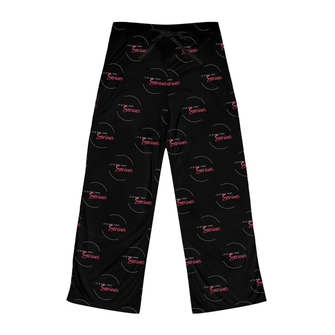 A pair of women's black pajama pants with a red and white text pattern and a drawstring waist.