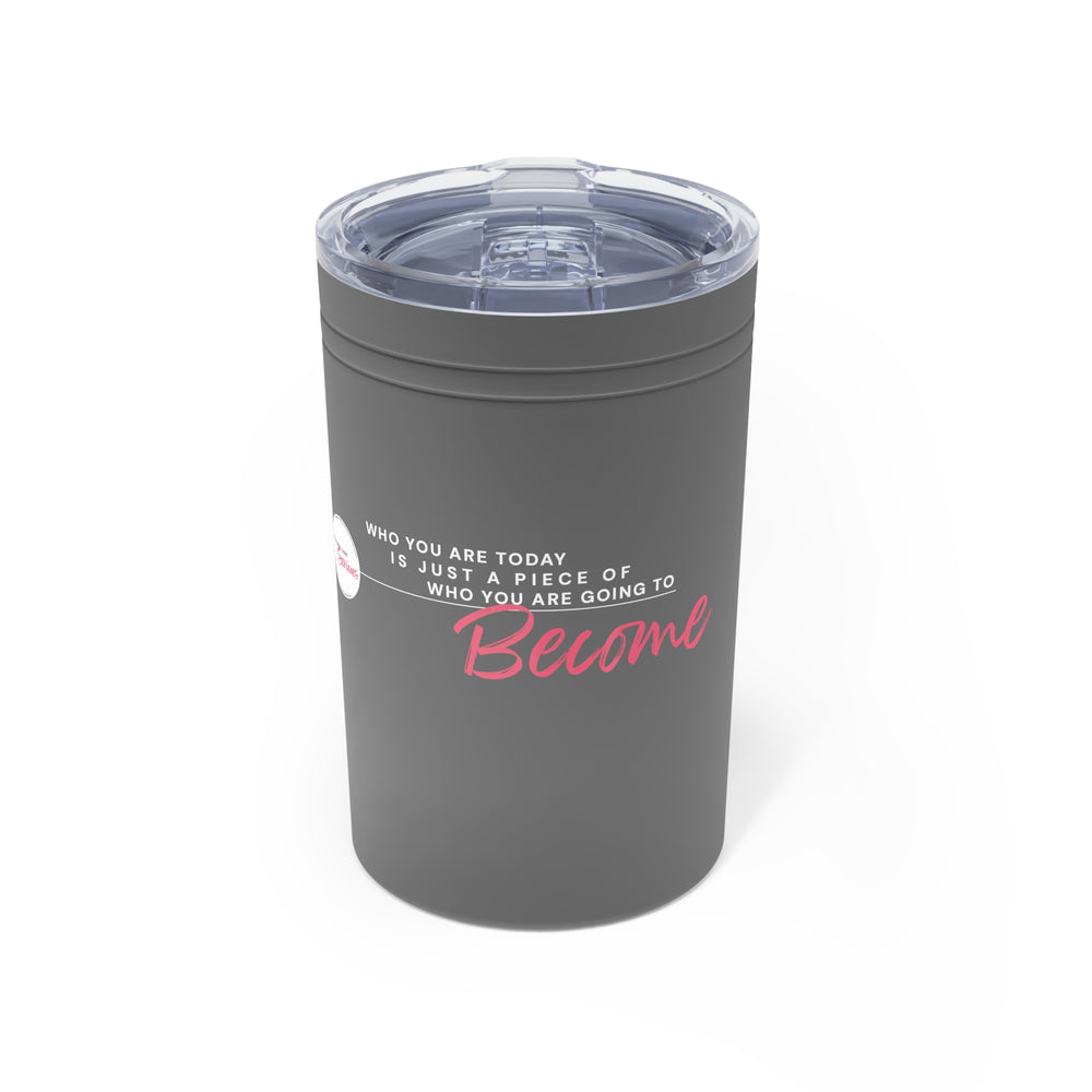 Gray tumbler with motivational quote on a white background