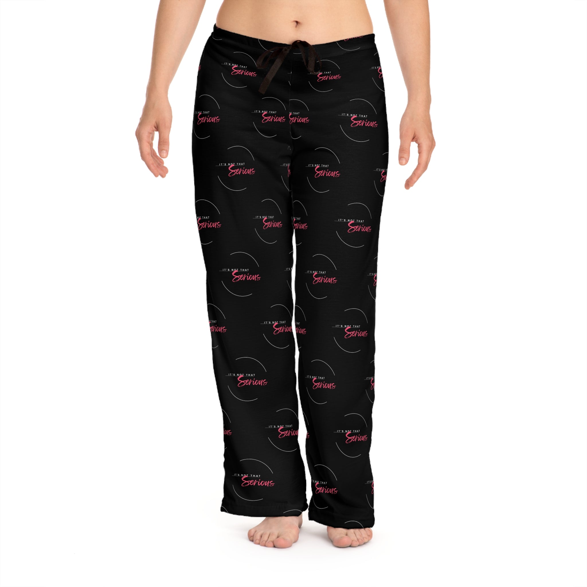 A pair of women's black pajama pants with a red and white text pattern and a drawstring waist.