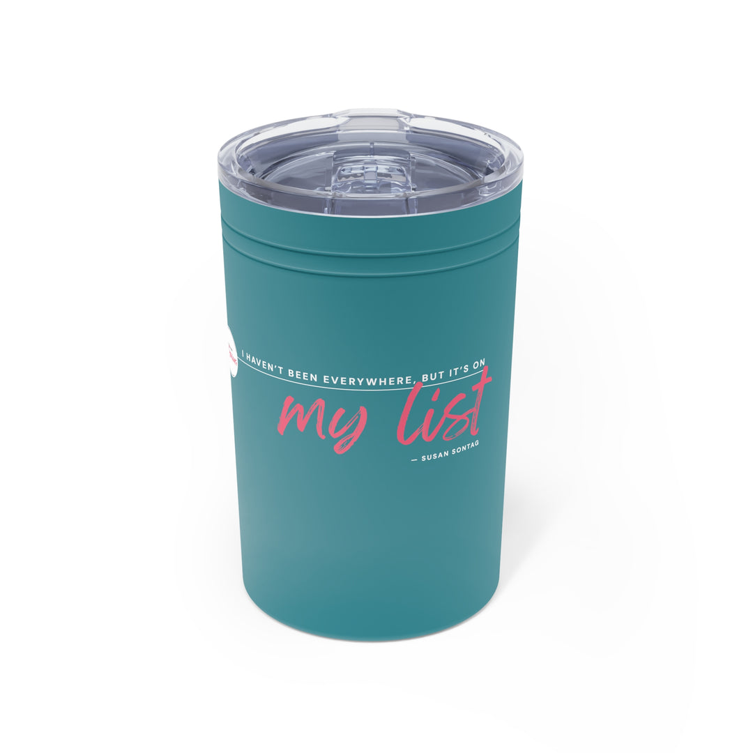 Teal tumbler with pink and white text on a white background