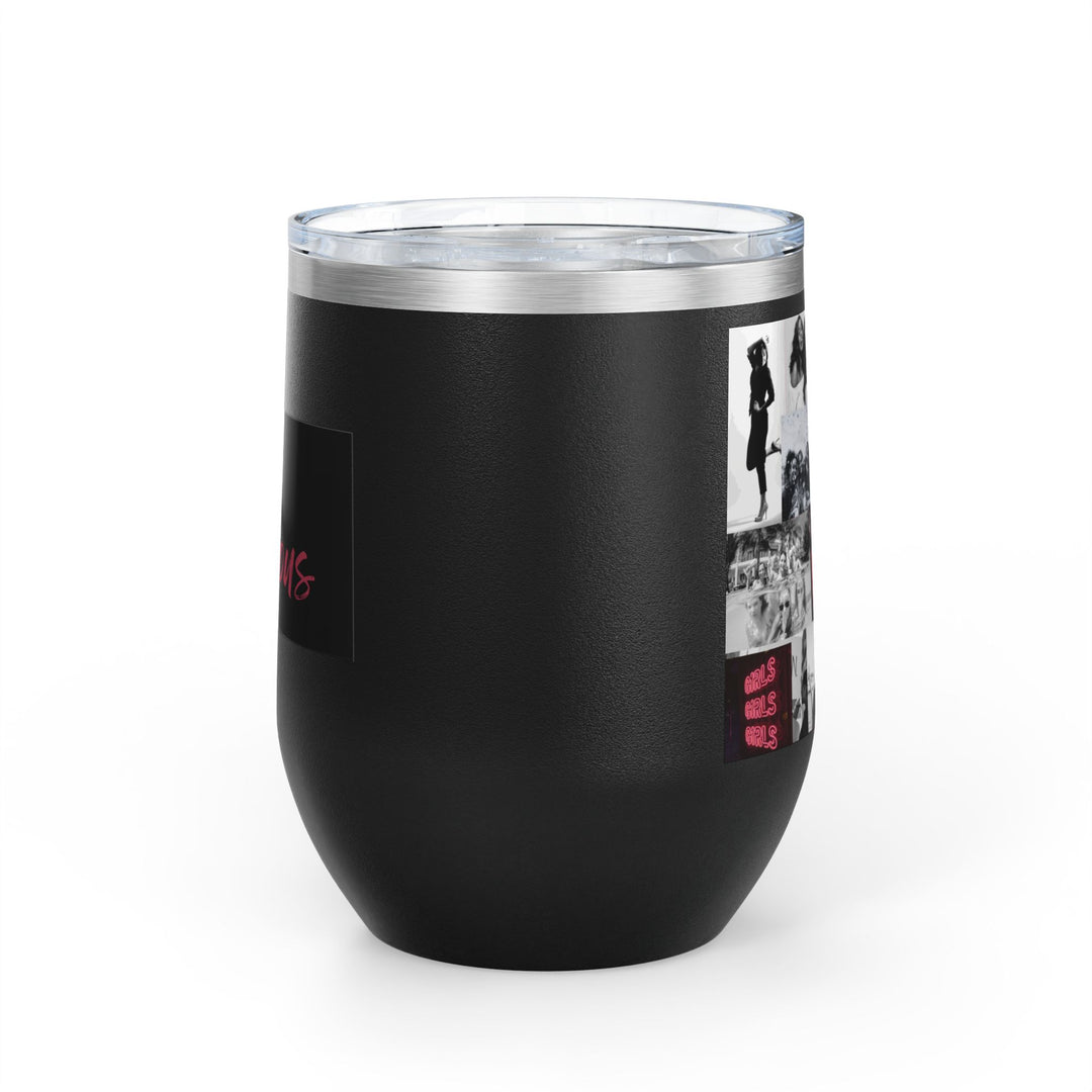 Black tumbler with silver lid on white background