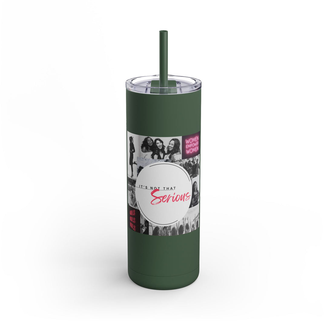 Green tumbler with a printed label on a white background