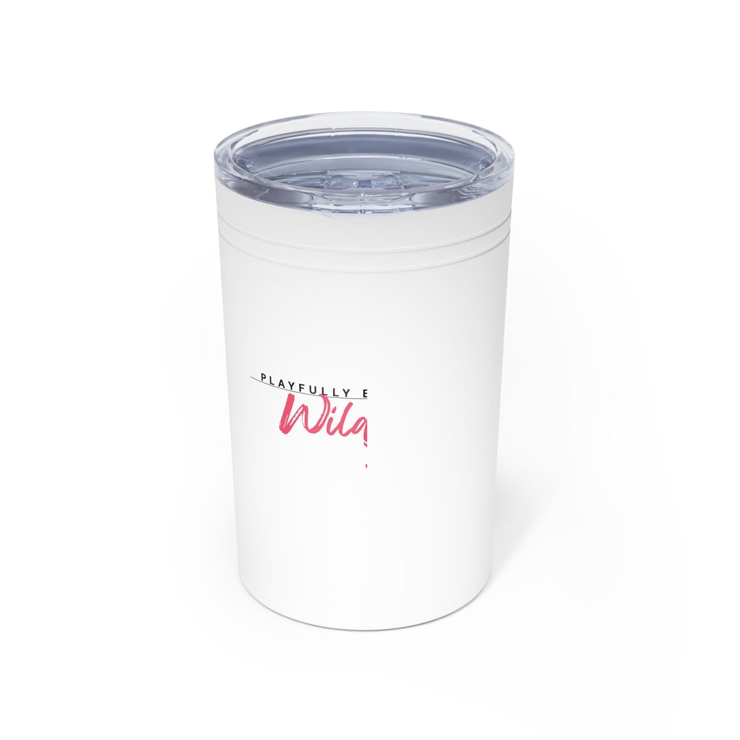 White tumbler with 'Playfully Wild' text on a white background