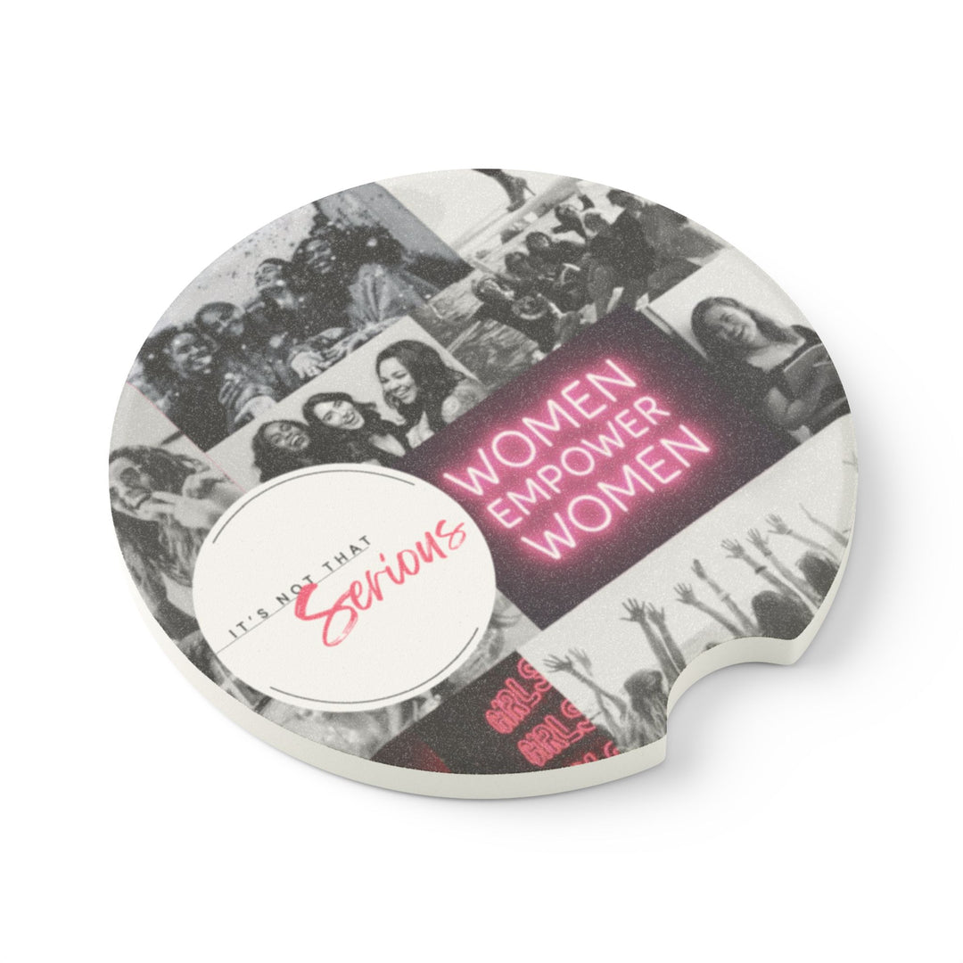 Ceramic coaster with black and white photo collage and 'Women Empower Women' text on a white background