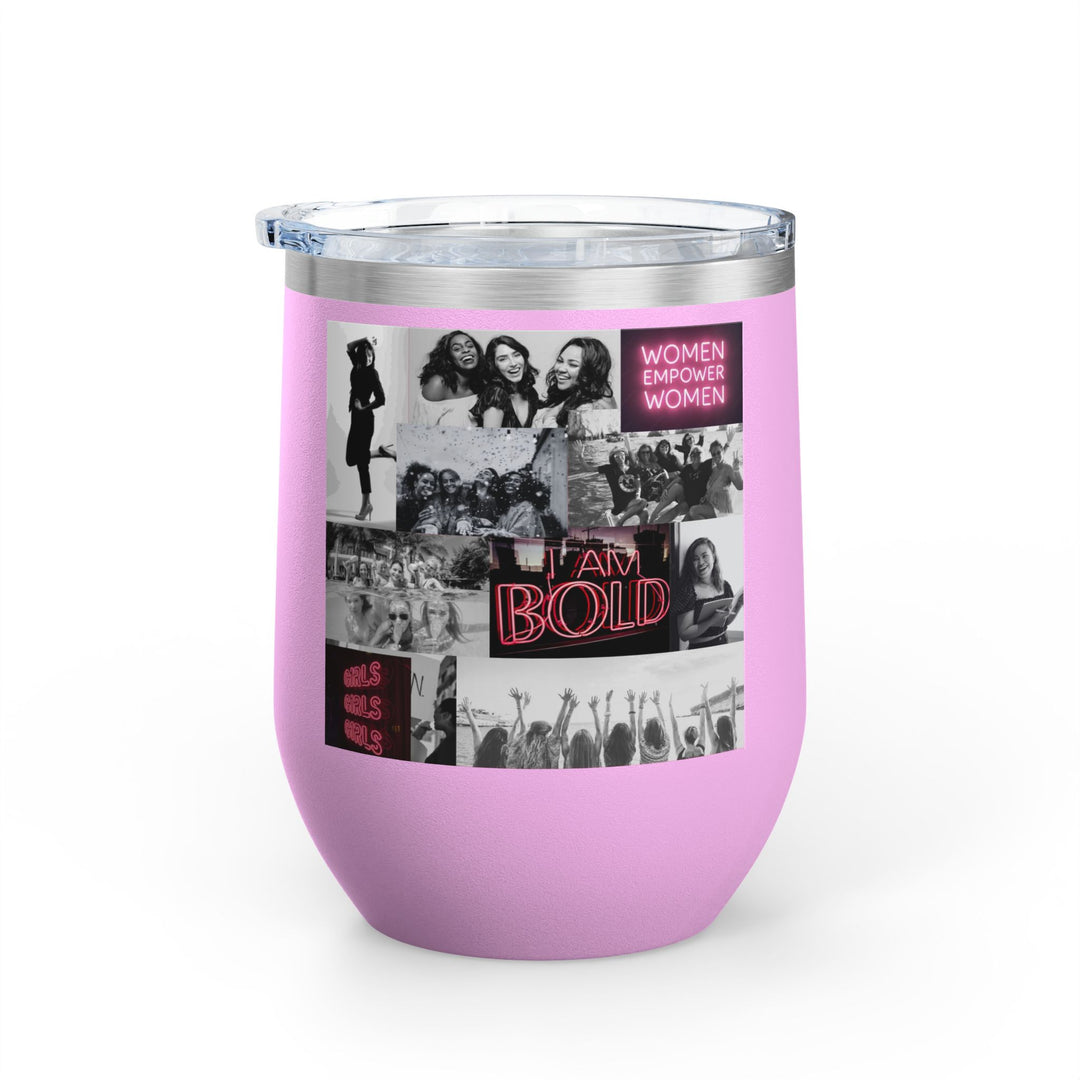Light pink tumbler with women's empowerment label on white background