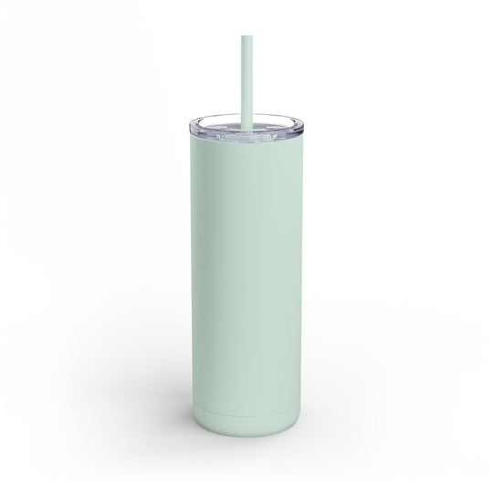Mint green tumbler with a straw on a white background