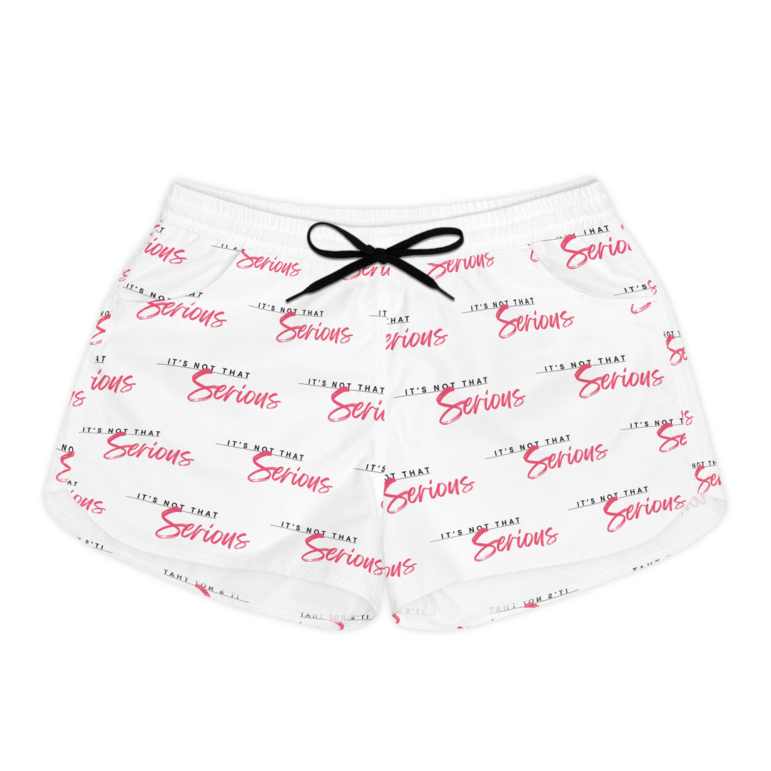 Women's casual shorts with a white base and red text pattern, featuring an adjustable drawstring waist.