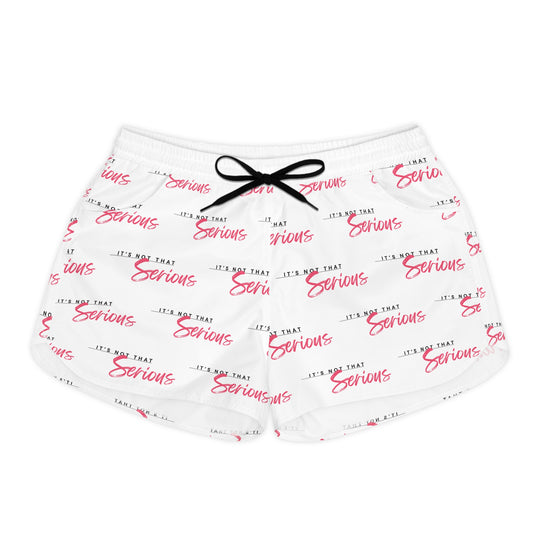 Women's casual shorts with a white base and red text pattern, featuring an adjustable drawstring waist.