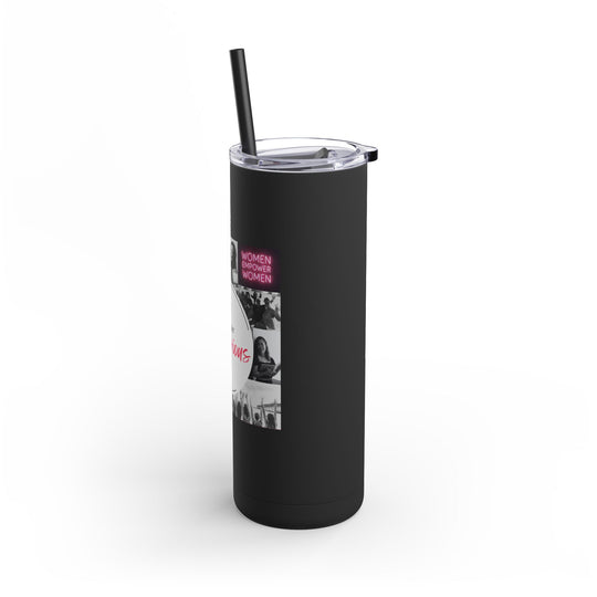 Black tumbler with a graphic design on a white background