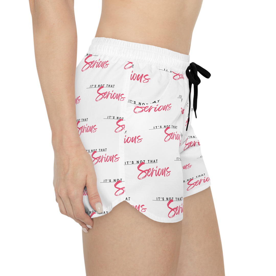 Women's casual shorts with a white base and red text pattern, featuring an adjustable drawstring waist.