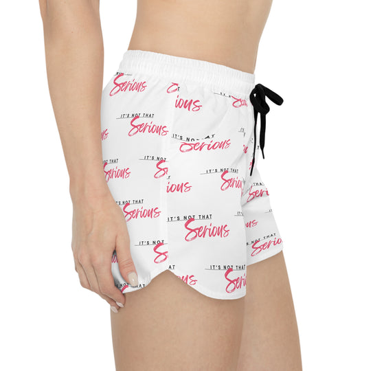 Women's casual shorts with a white base and red text pattern, featuring an adjustable drawstring waist.