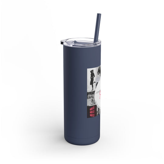 Navy blue tumbler with a graphic design on a white background