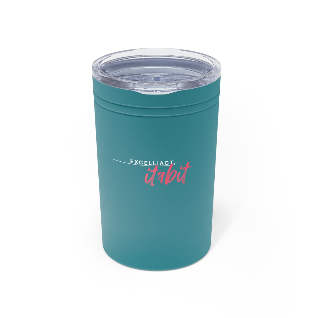 Teal tumbler with 'itabit' text on a white background