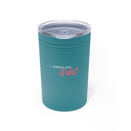 Teal tumbler with 'itabit' text on a white background