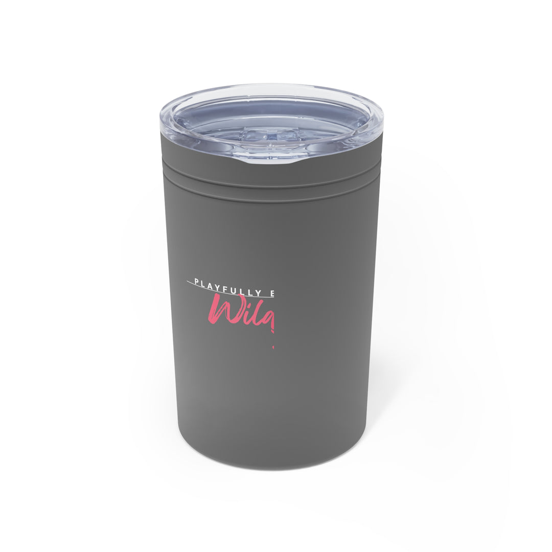 Gray tumbler with a logo on a white background