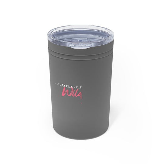 Gray tumbler with a logo on a white background