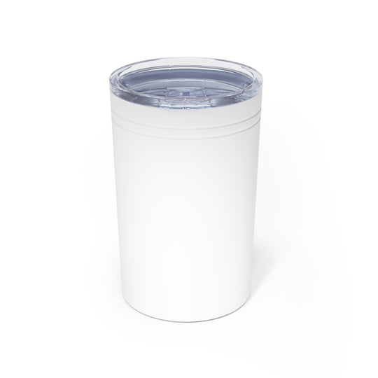 White tumbler with a clear lid on a white background