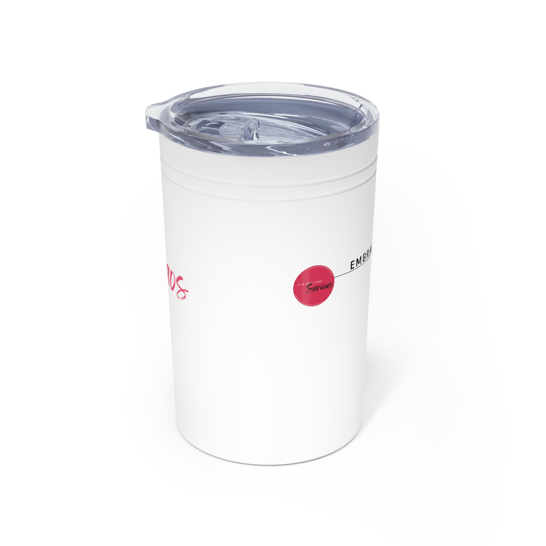 White tumbler with a red logo on a white background