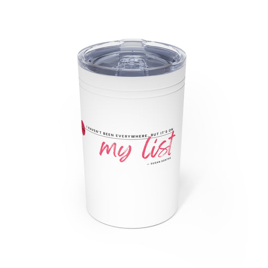 White tumbler with pink text on a white background
