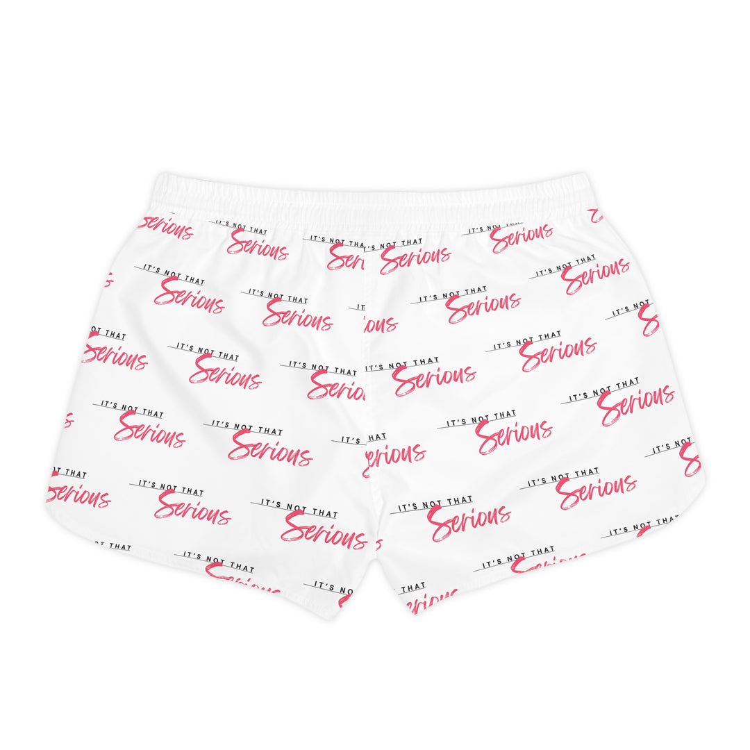 Women's casual shorts with a white base and red text pattern, featuring an adjustable drawstring waist.
