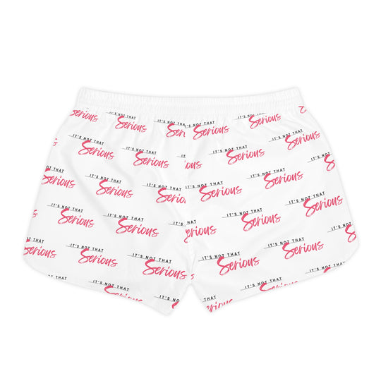 Women's casual shorts with a white base and red text pattern, featuring an adjustable drawstring waist.