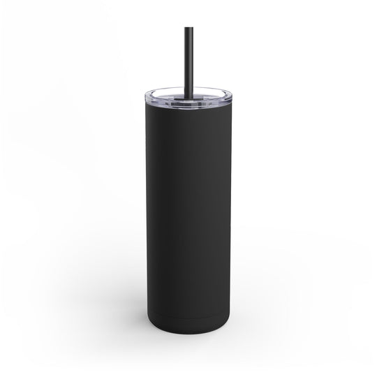 Black tumbler with a straw on a white background