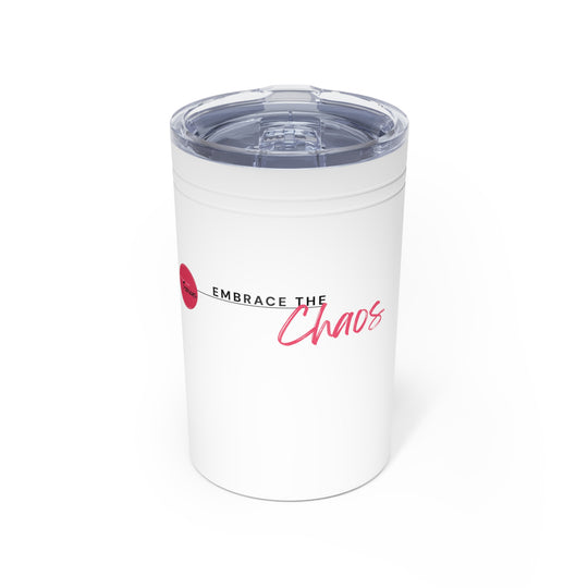 White tumbler with 'Embrace the Chaos' text on a white background