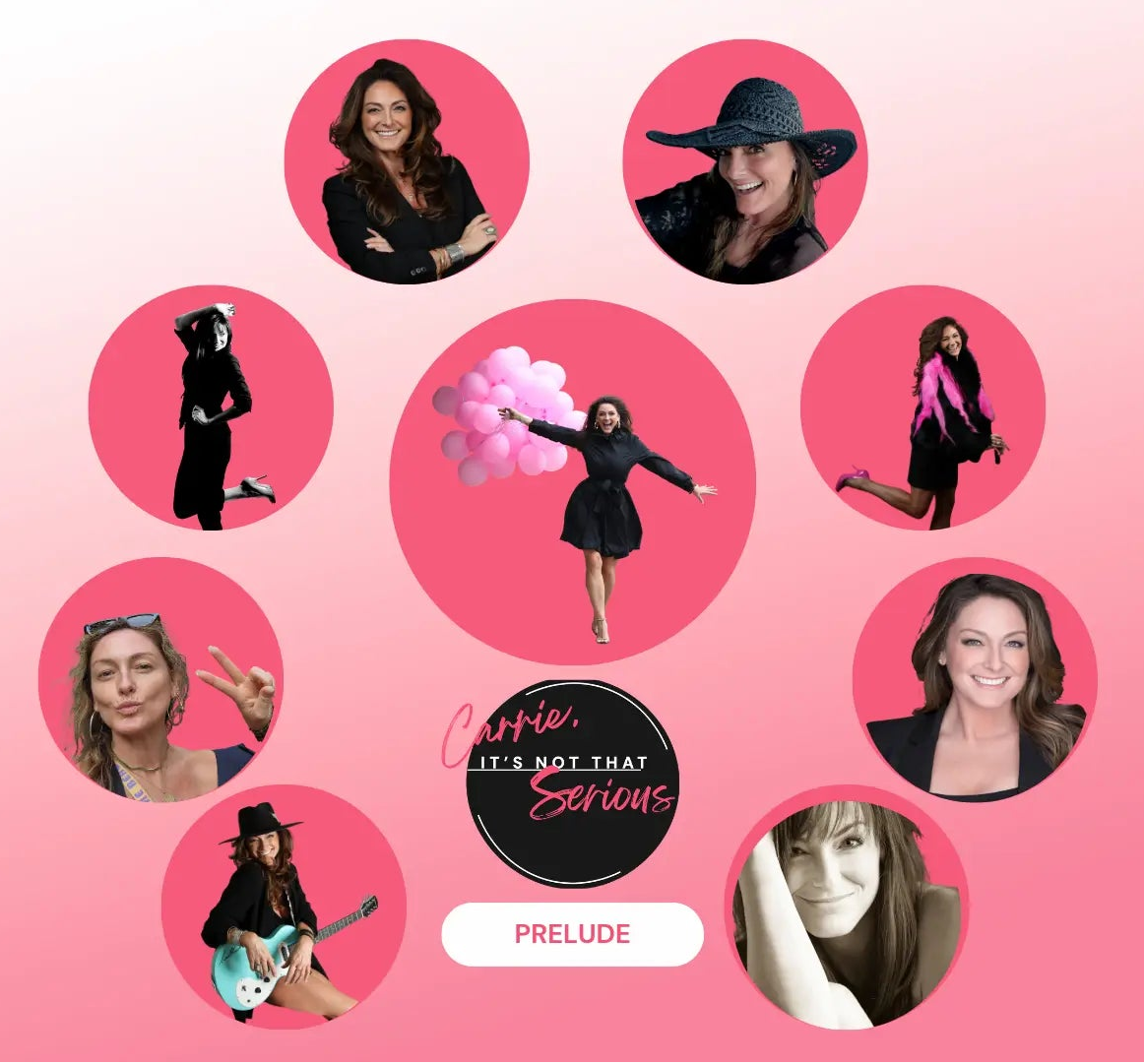 Collage of women in various poses and outfits on a pink background with 'PRELUDE' branding.