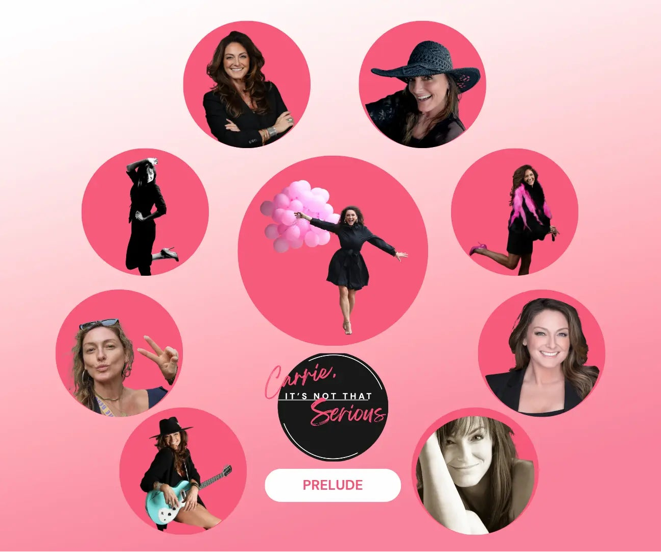 Collage of women in various poses and outfits on a pink background with 'PRELUDE' branding.